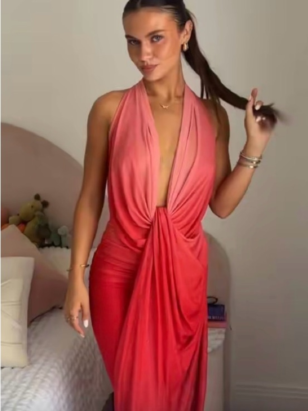 JLUXLABEL Coral-Red Backless Twist Halter Maxi Dress